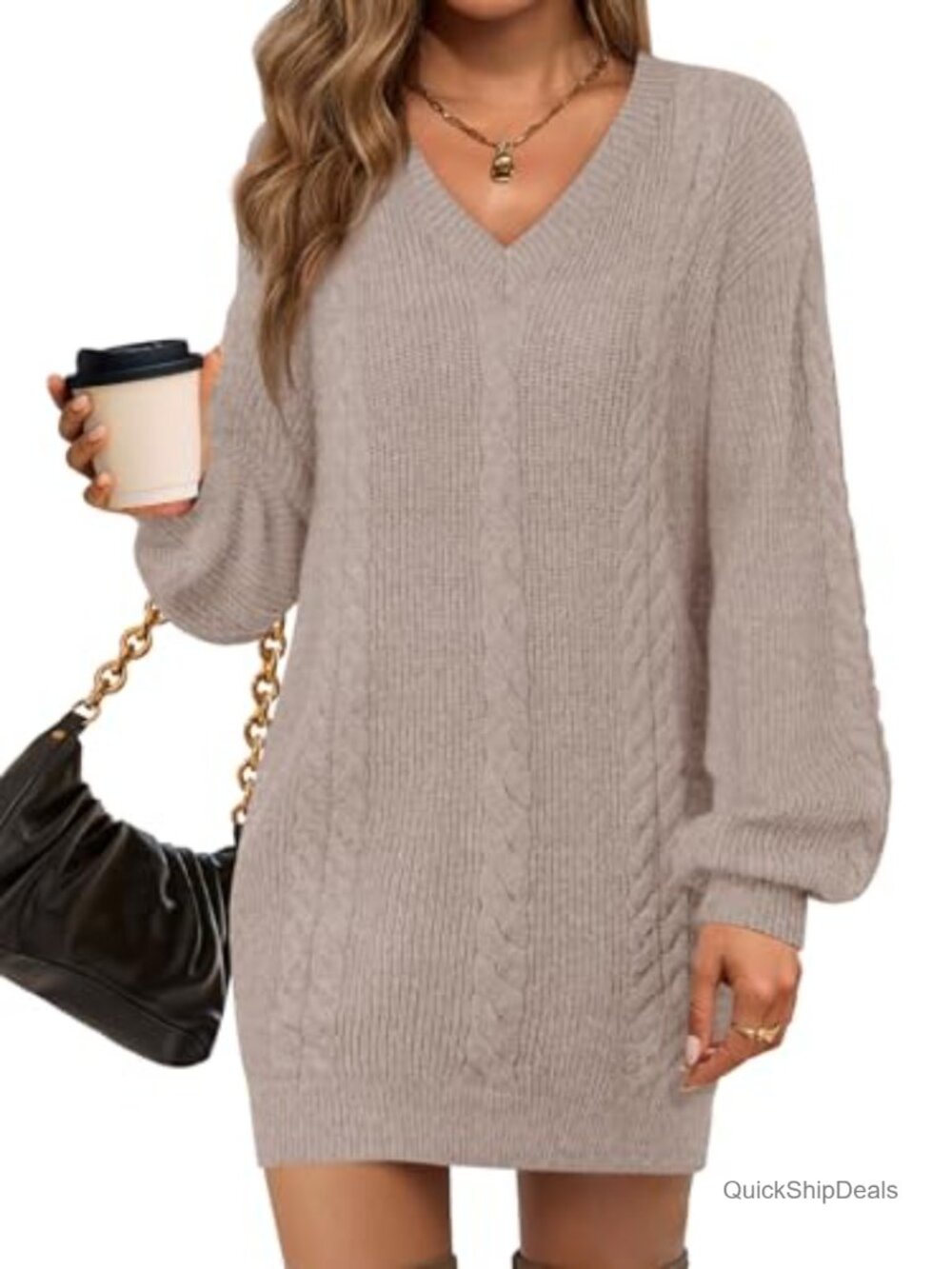 Women's Oversized Cable Knit Mini Sweater Dress V Neck Lantern Sleeve Fall